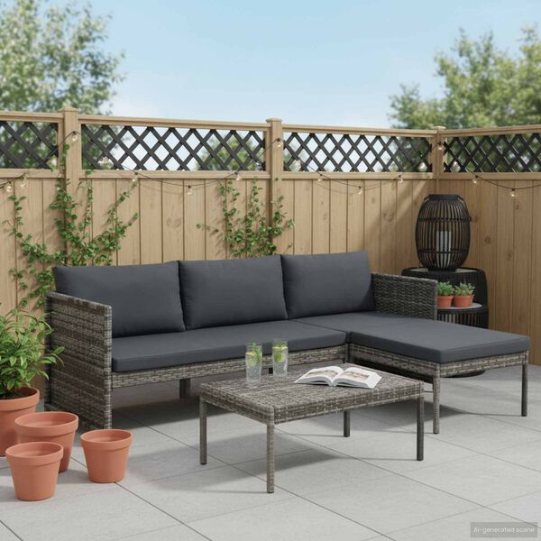 vidaXL Salon de jardin 3 pcs avec coussins Résine tressée Gris