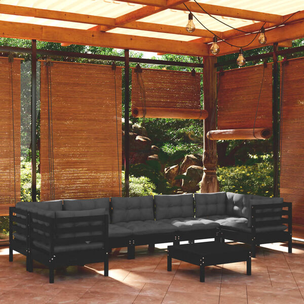 vidaXL Salon de jardin 8 pcs avec coussins Noir Bois de pin
