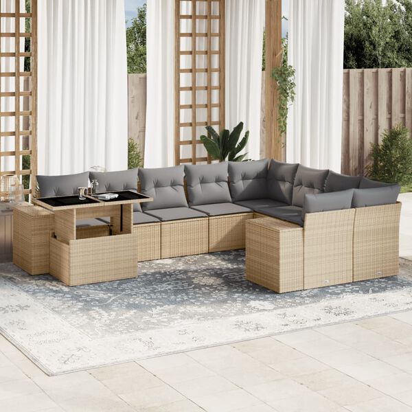 vidaXL Salon de jardin avec coussins 10 pcs beige résine tressée