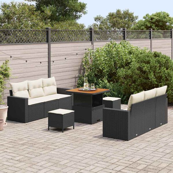 vidaXL Ensemble de canap&eacute; de jardin avec coussin 9 pcs Noir et cr&egrave;me