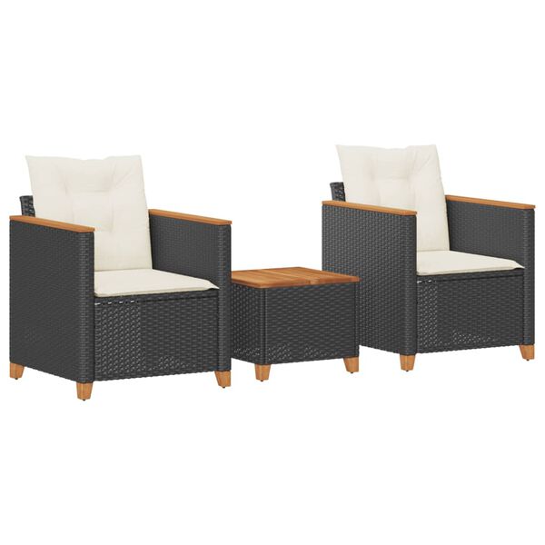 vidaXL Ensemble de bistro 3 pcs et coussins noir r&eacute;sine tress&eacute;e acacia