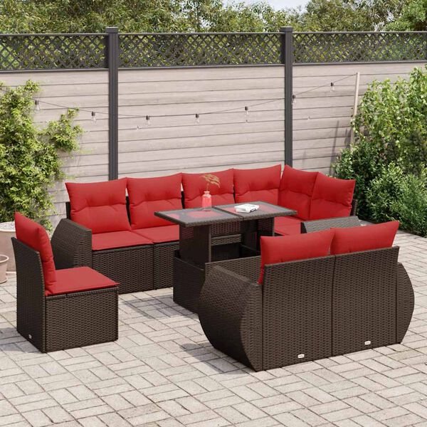 vidaXL Salon de jardin avec coussins 9pcs marron r&eacute;sine tress&eacute;e acacia