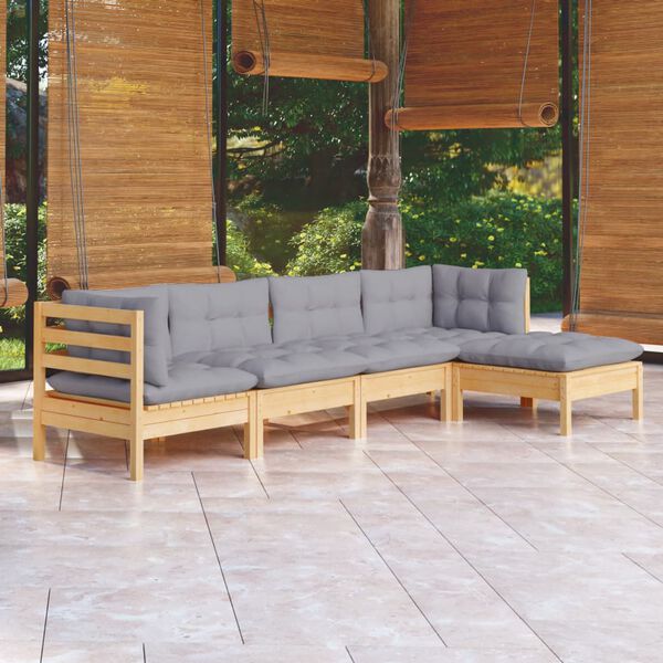 vidaXL Salon de jardin 5 pcs avec coussins gris bois de pin
