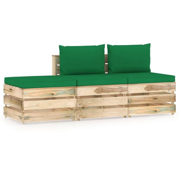 vidaXL Salon de jardin 3 pcs avec coussins Bois impr&eacute;gn&eacute; de vert