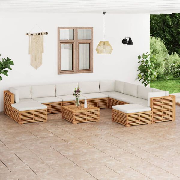 vidaXL Salon de jardin 11 pcs avec coussin cr&egrave;me bois de teck solide