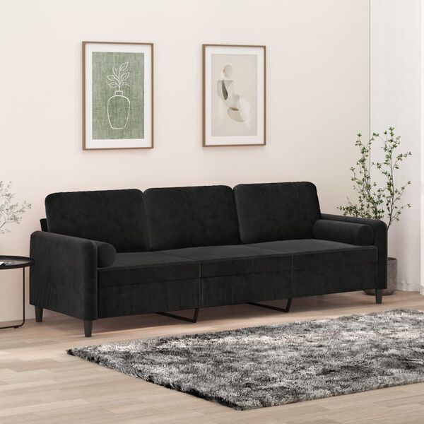 vidaXL Canap&eacute; 3 places et oreillers et coussins Noir 210 cm Velours