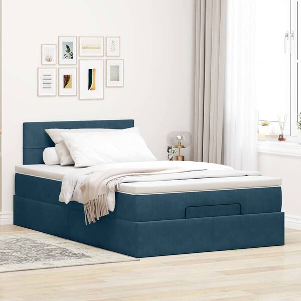 vidaXL Lit ottoman avec matelas et LED bleu fonc&eacute; 90x200cm velours