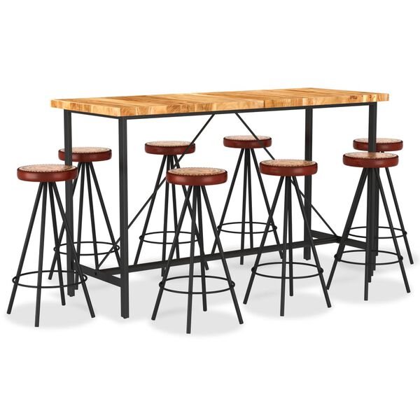 vidaXL Ensemble de bar 9 pcs Bois d'acacia solide et cuir véritable