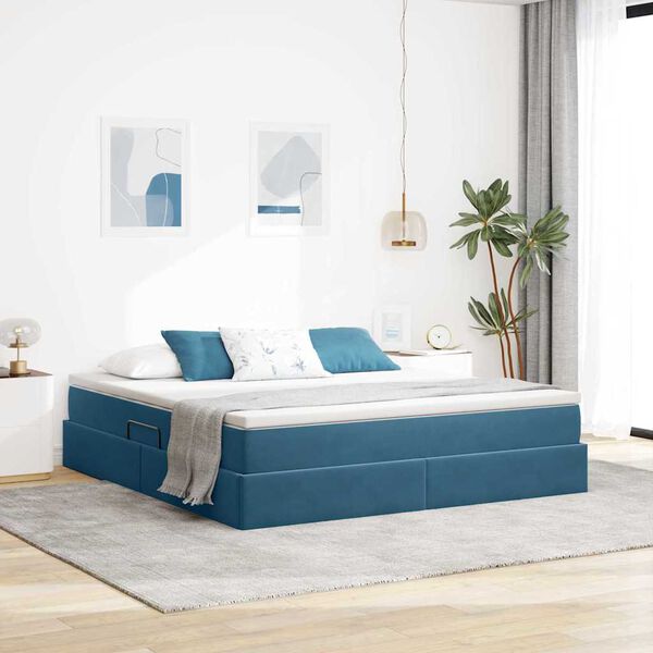 vidaXL Lit avec rangement et matelas Bleu fonc&eacute; 160 x 200 cm Velours