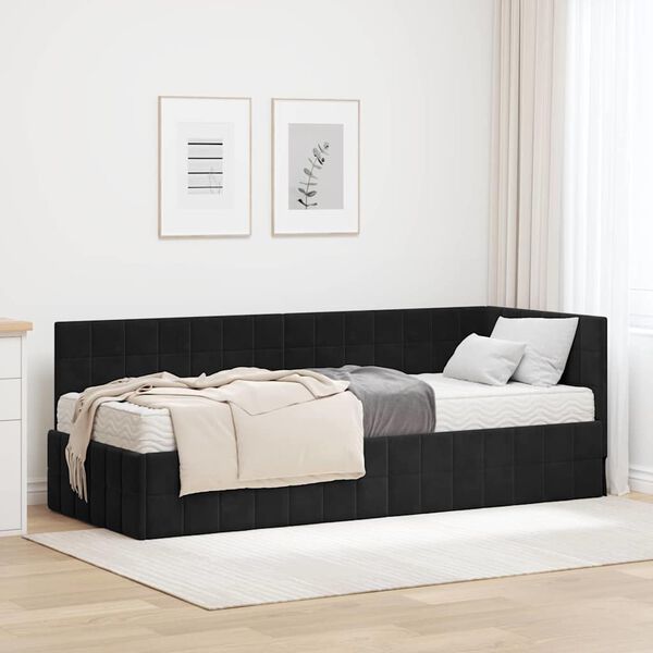 vidaXL Cadre de lit d'angle avec matelas 2 pcs Noir Velours