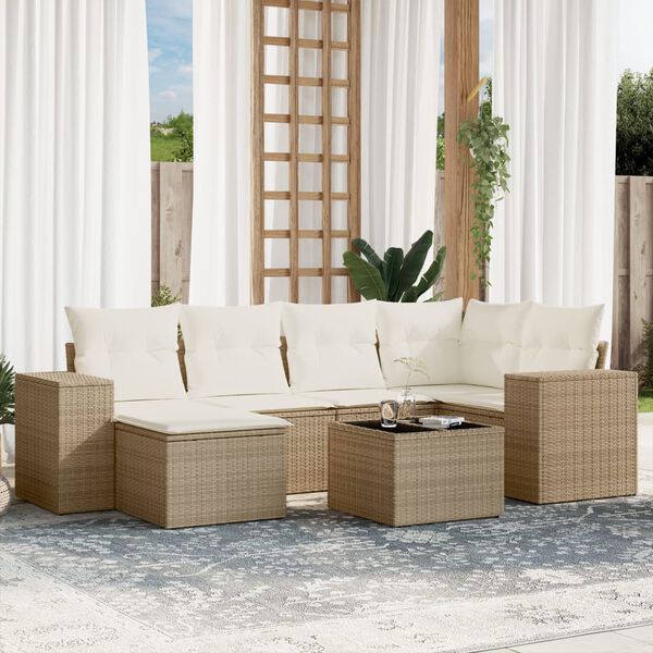 vidaXL Salon de jardin avec coussins 7 pcs beige r&eacute;sine tress&eacute;e