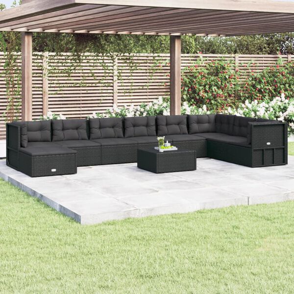 vidaXL Salon de jardin 9 pcs avec coussins Noir R&eacute;sine tress&eacute;e