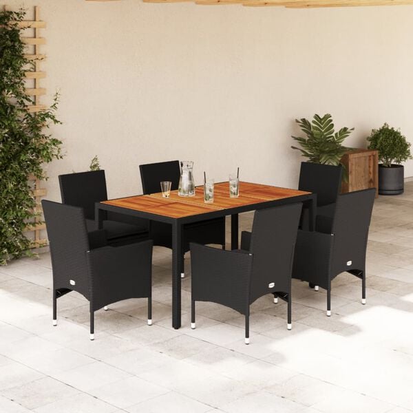 vidaXL Ensemble &agrave; manger de jardin et coussins 7pcs noir rotin acacia