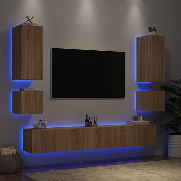 vidaXL Meuble TV muraux 6 pcs avec lumi&egrave;res LED ch&ecirc;ne sonoma