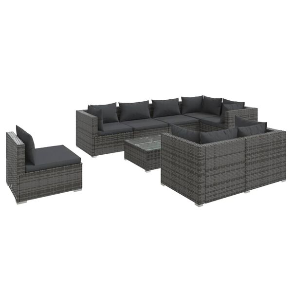 vidaXL Salon de jardin 9 pcs avec coussins R&eacute;sine tress&eacute;e Gris