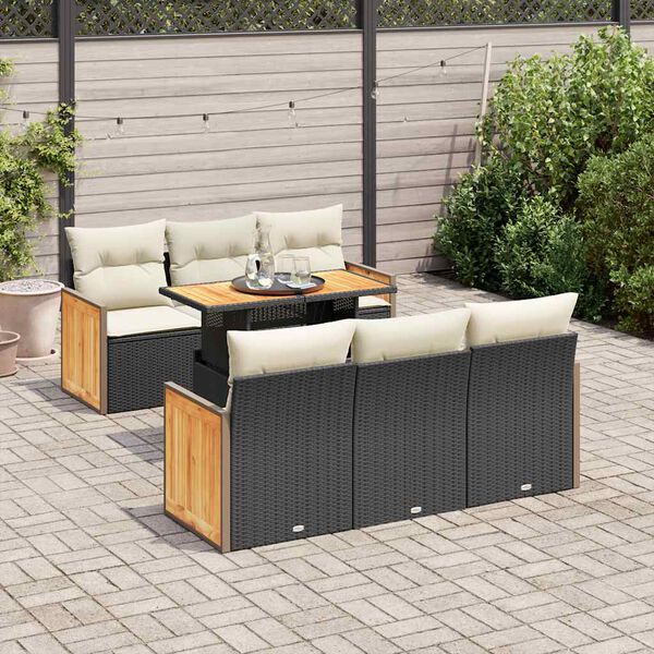 vidaXL Salon de jardin avec coussins 7 pcs noir r&eacute;sine tress&eacute;e acacia