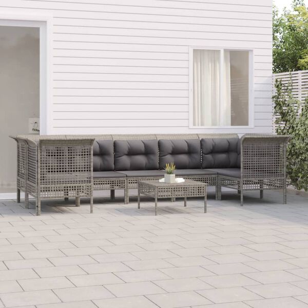 vidaXL Salon de jardin 8 pcs avec coussins Gris R&eacute;sine tress&eacute;e