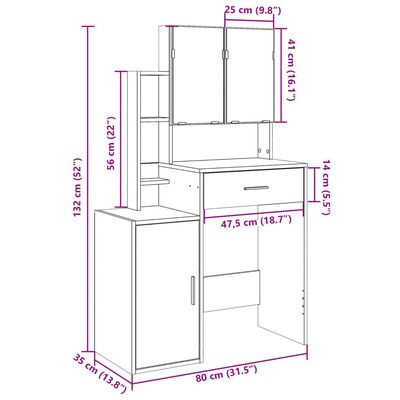 vidaXL Coiffeuse avec armoire sonoma gris 80x35x132 cm