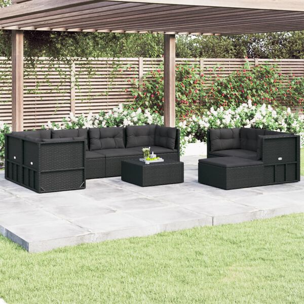 vidaXL Salon de jardin 8 pcs avec coussins noir r&eacute;sine tress&eacute;e