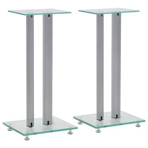 vidaXL Support haut-parleur 2pc Verre tremp&eacute; Design 2 colonnes Argent&eacute;
