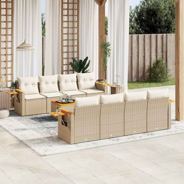 vidaXL Salon de jardin avec coussins 9 pcs beige r&eacute;sine tress&eacute;e
