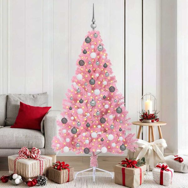 vidaXL Sapin de No&euml;l artificiel pr&eacute;-&eacute;clair&eacute; Rose 180 cm PVC