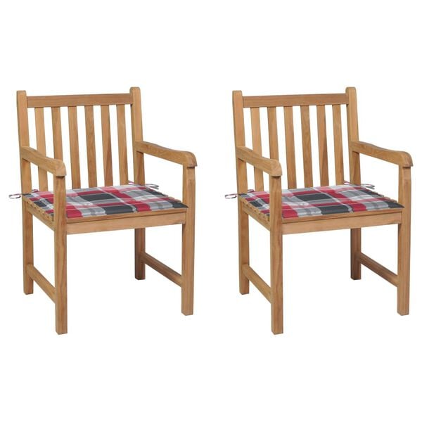 vidaXL Chaises de jardin lot de 2 avec coussins &agrave; carreaux rouges Teck