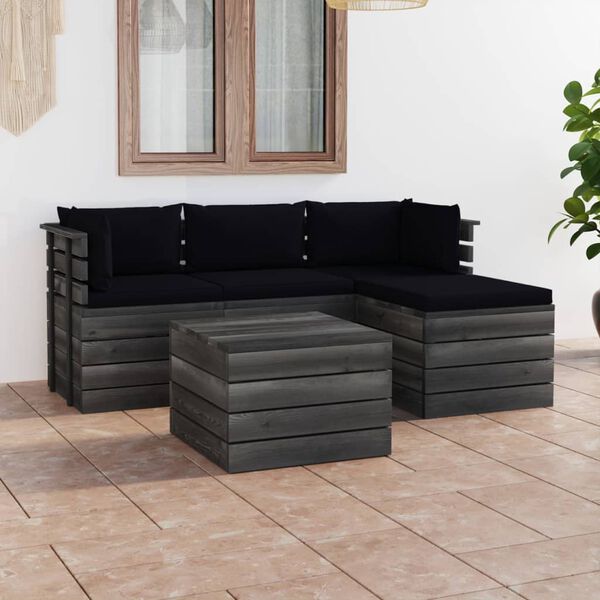 vidaXL Salon palette de jardin 5 pcs avec coussins Bois de pin massif