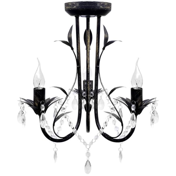 Lustre m&eacute;tal noir style art nouveau + perles crystal 3 x E14 Ampoules