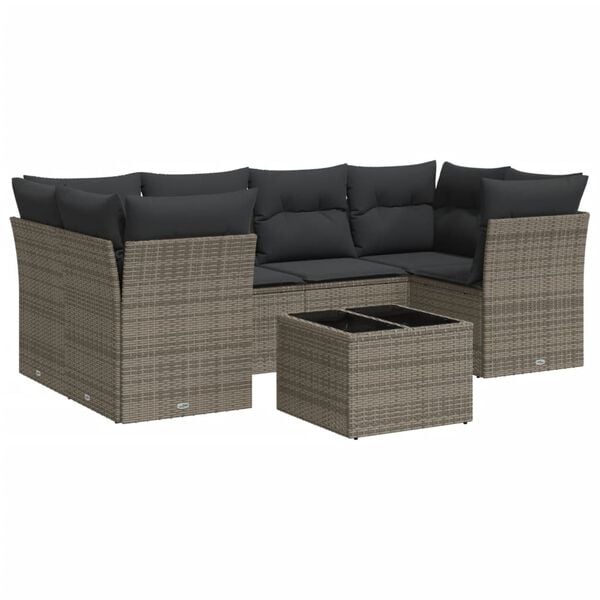 vidaXL Salon de jardin avec coussins 7 pcs gris r&eacute;sine tress&eacute;e