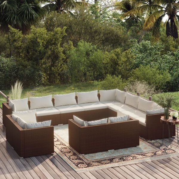 vidaXL Salon de jardin 12 pcs avec coussins Marron R&eacute;sine tress&eacute;e