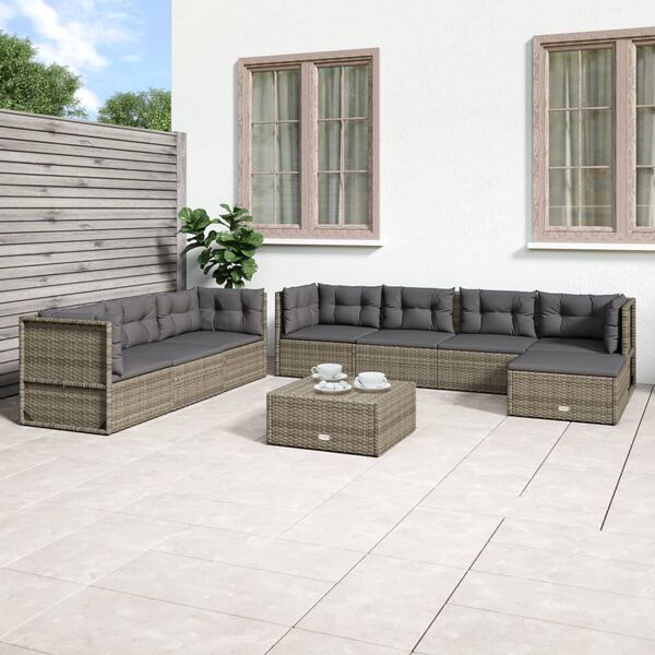 vidaXL Salon de jardin 8 pcs avec coussins Gris R&eacute;sine tress&eacute;e