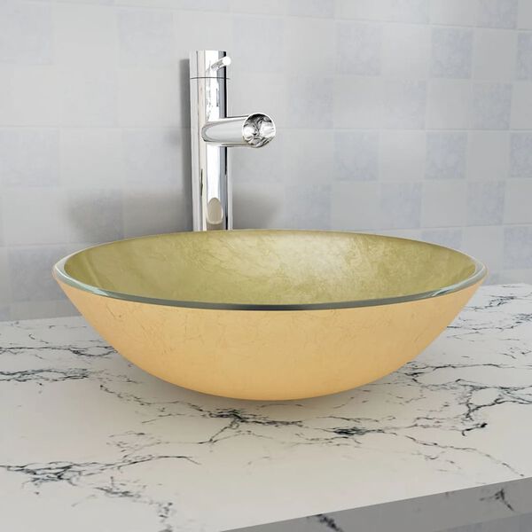vidaXL Lavabo Verre tremp&eacute; 42 cm Dor&eacute;