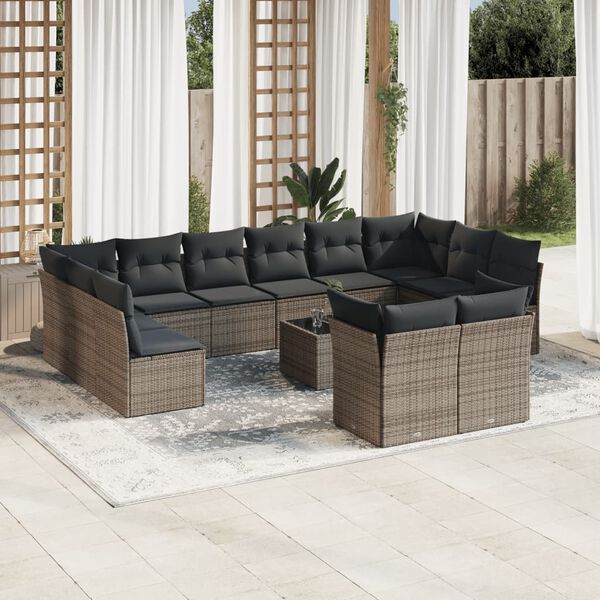 vidaXL Salon de jardin avec coussins 13 pcs gris r&eacute;sine tress&eacute;e