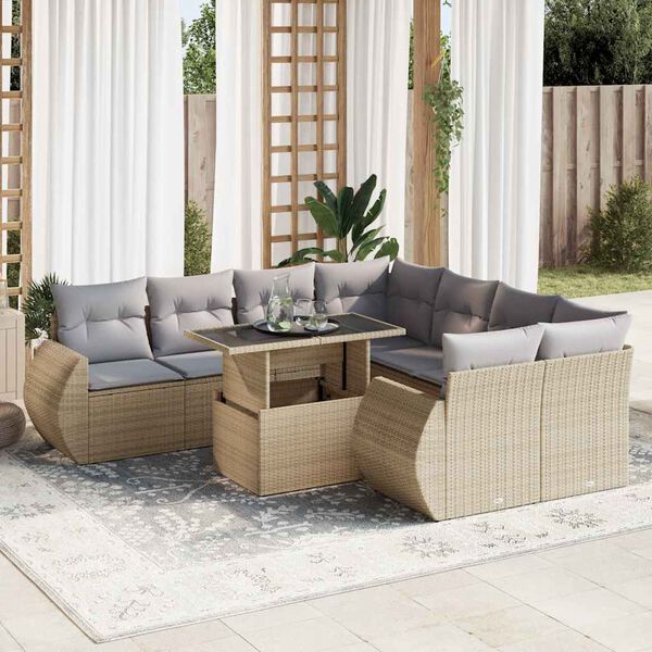 vidaXL Salon de jardin avec coussins 9 pcs beige r&eacute;sine tress&eacute;e