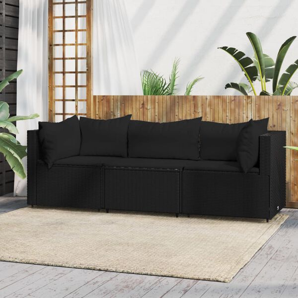 vidaXL Salon de jardin 3 pcs avec coussins Noir R&eacute;sine tress&eacute;e
