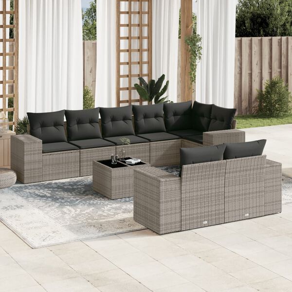 vidaXL Salon de jardin 9 pcs avec coussins gris r&eacute;sine tress&eacute;e