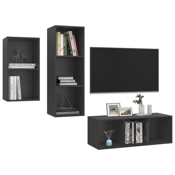 vidaXL Ensemble de meubles TV 3 pcs Gris Bois d'ing&eacute;nierie