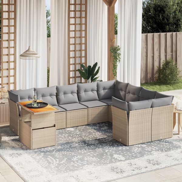 vidaXL Salon de jardin avec coussins 10 pcs beige r&eacute;sine tress&eacute;e