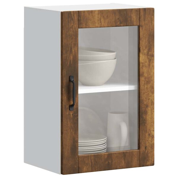 vidaXL Armoire murale de cuisine avec porte en verre Porto ch&ecirc;ne fum&eacute;