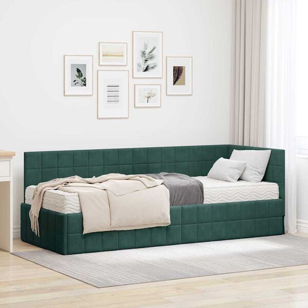vidaXL Cadre de lit d'angle avec matelas 2 pcs Vert Velours