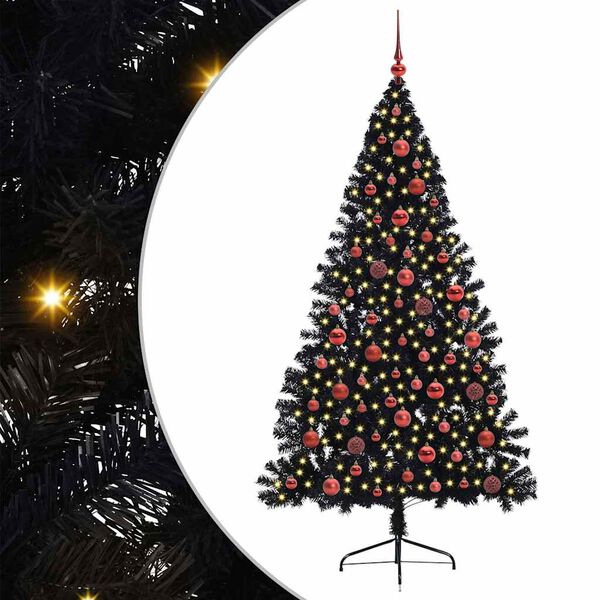 vidaXL Sapin de No&euml;l artificiel pr&eacute;-&eacute;clair&eacute; Noir 180 cm PVC