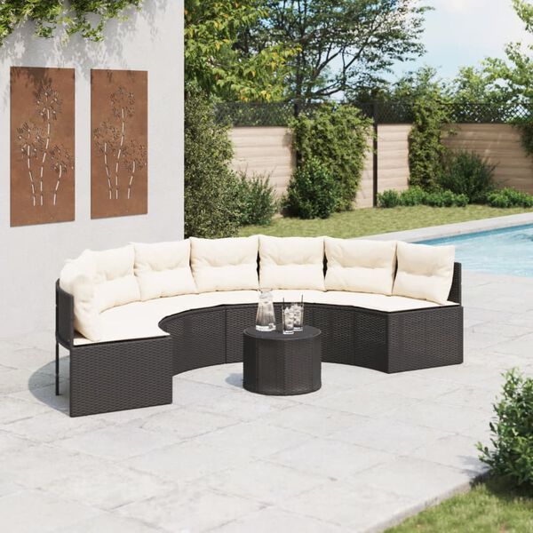 vidaXL Canap&eacute; de jardin table coussins demi-rond noir r&eacute;sine tress&eacute;e