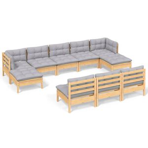 vidaXL Salon de jardin 10 pcs avec coussins gris Bois de pin