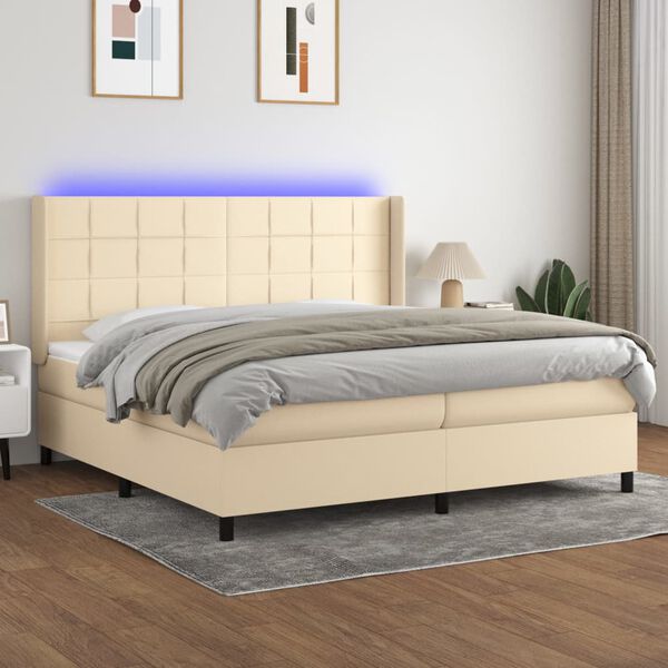 vidaXL Sommier &agrave; lattes de lit matelas et LED Cr&egrave;me 200x200 cm Tissu