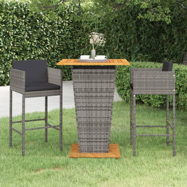 vidaXL Ensemble de bar de jardin 3 pcs et coussins Résine tressée Gris