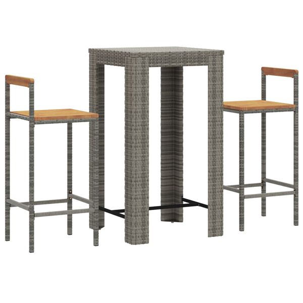 vidaXL Ensemble de bar jardin 3 pcs gris poly rotin/bois massif acacia