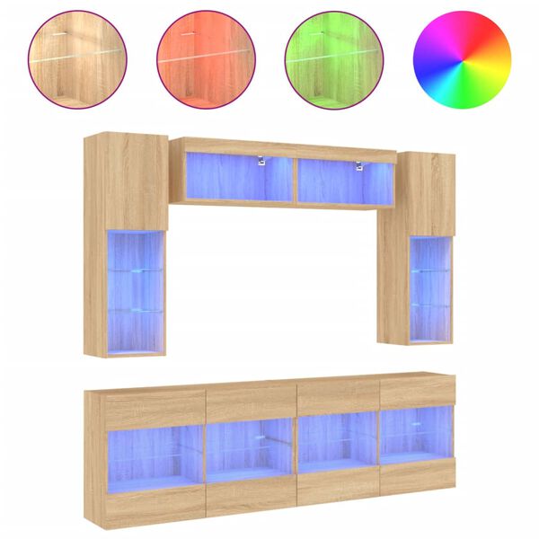 vidaXL Ensemble de meubles TV muraux 6pcs et lumi&egrave;res LED ch&ecirc;ne sonoma