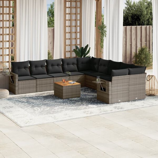 vidaXL Salon de jardin 11 pcs avec coussins gris r&eacute;sine tress&eacute;e
