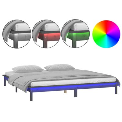 vidaXL Cadre de lit à LED gris 135x190 cm double bois massif
